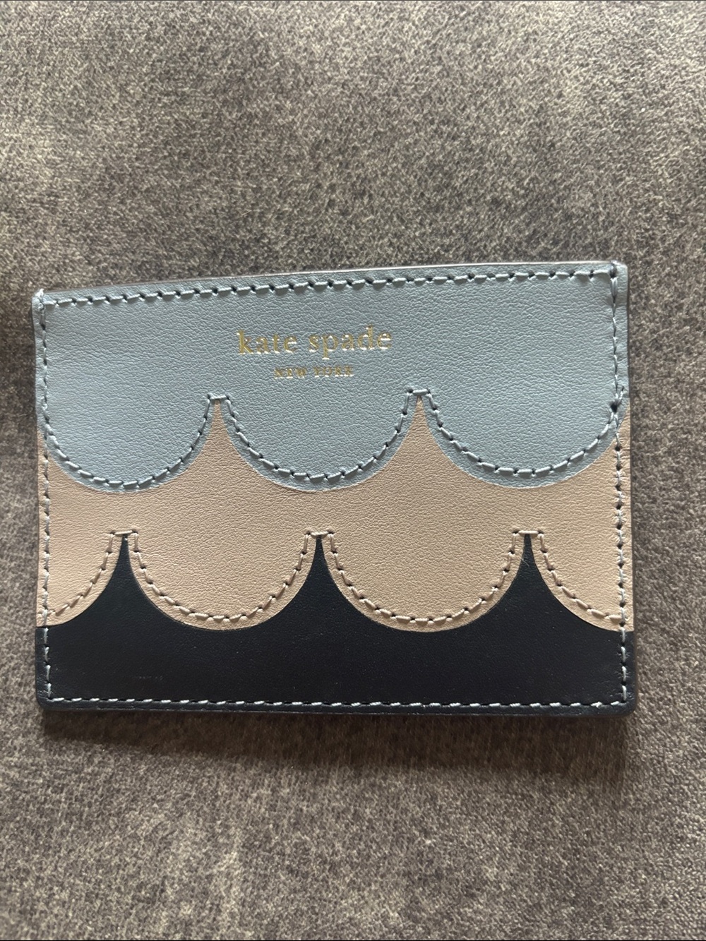kate spade scalloped leather cardholder in light blue, beige & navy blue